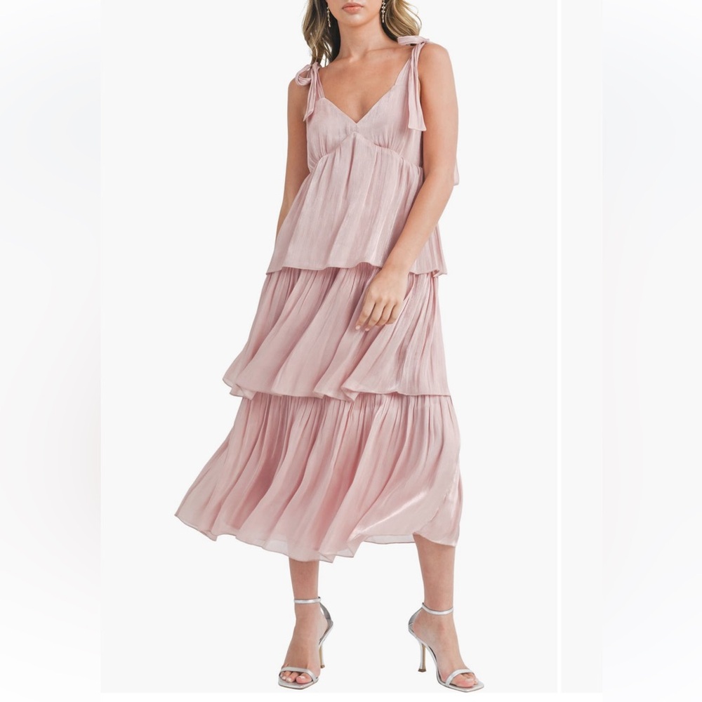 Lush Tie Strap Shimmer Tiered Midi Dress